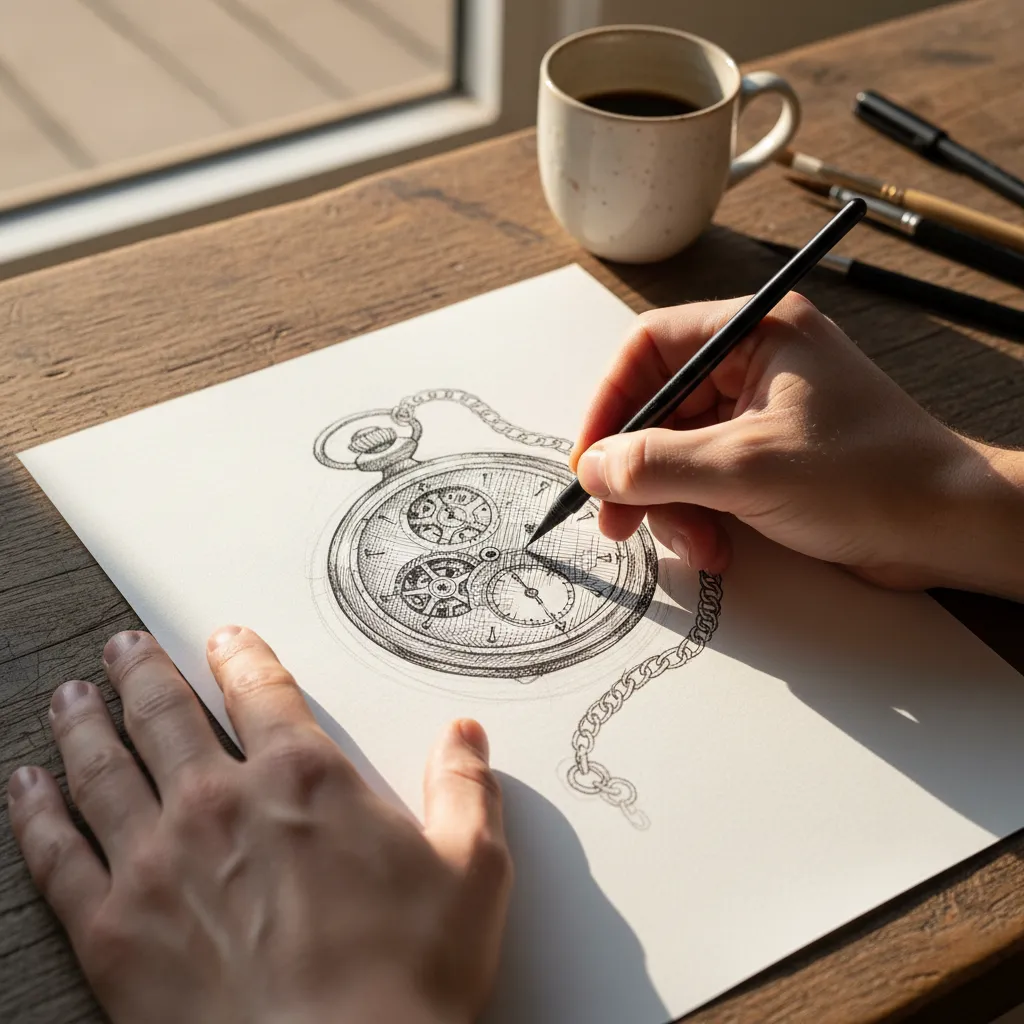 La técnica de cross-hatching con tinta reproduce el estilo de grabado tradicional de los maestros relojeros del siglo XIX