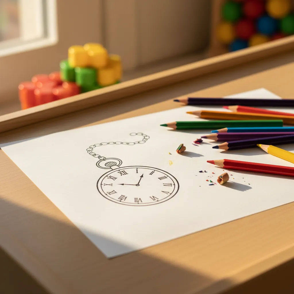 Un dibujo fácil de reloj de bolsillo puede completarse en cinco minutos con materiales básicos que cualquier niño tiene en casa