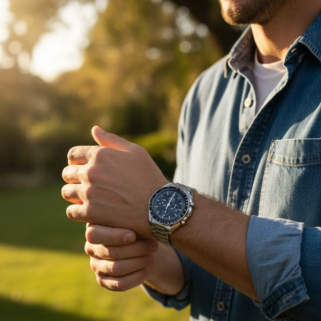 Con 42 mm de diámetro y asas retorcidas, el Moonwatch sienta sorprendentemente bien en muñecas medianas