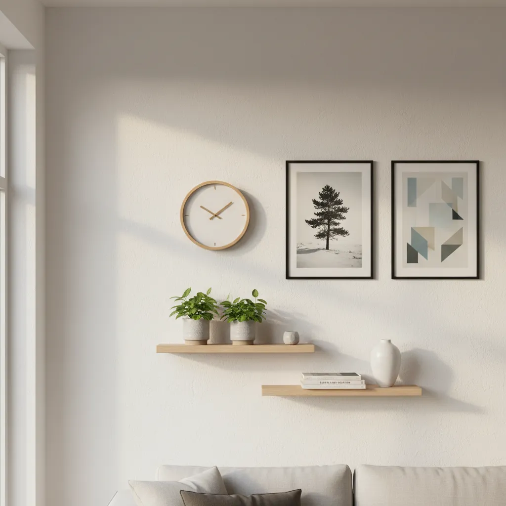 La tendencia actual integra el reloj de pared en composiciones murales junto a cuadros y estanterías para crear un conjunto decorativo cohesionado