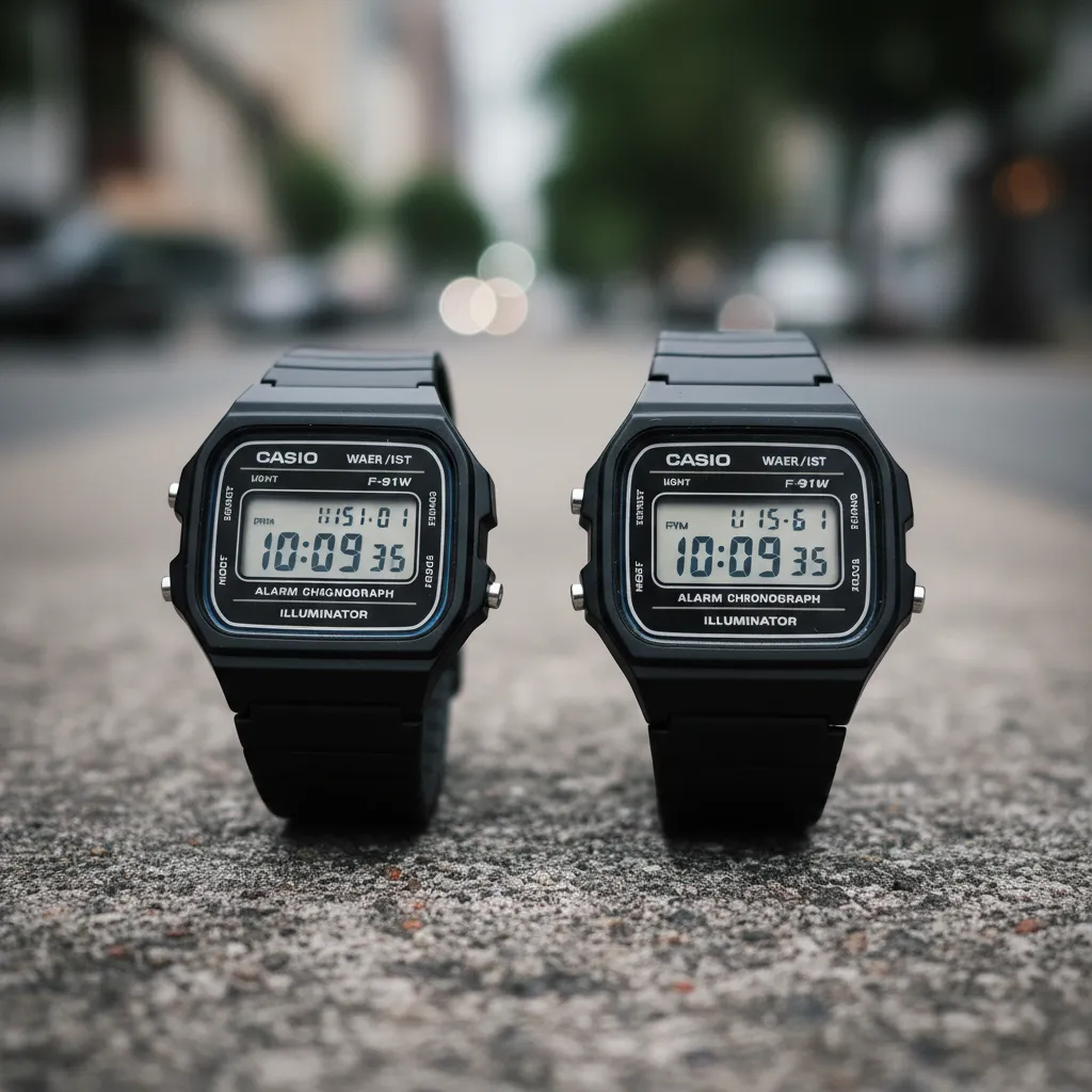 Las diferencias entre un Casio F-91W original y una réplica se notan en la tipografía del dial y el tono de la retroiluminación