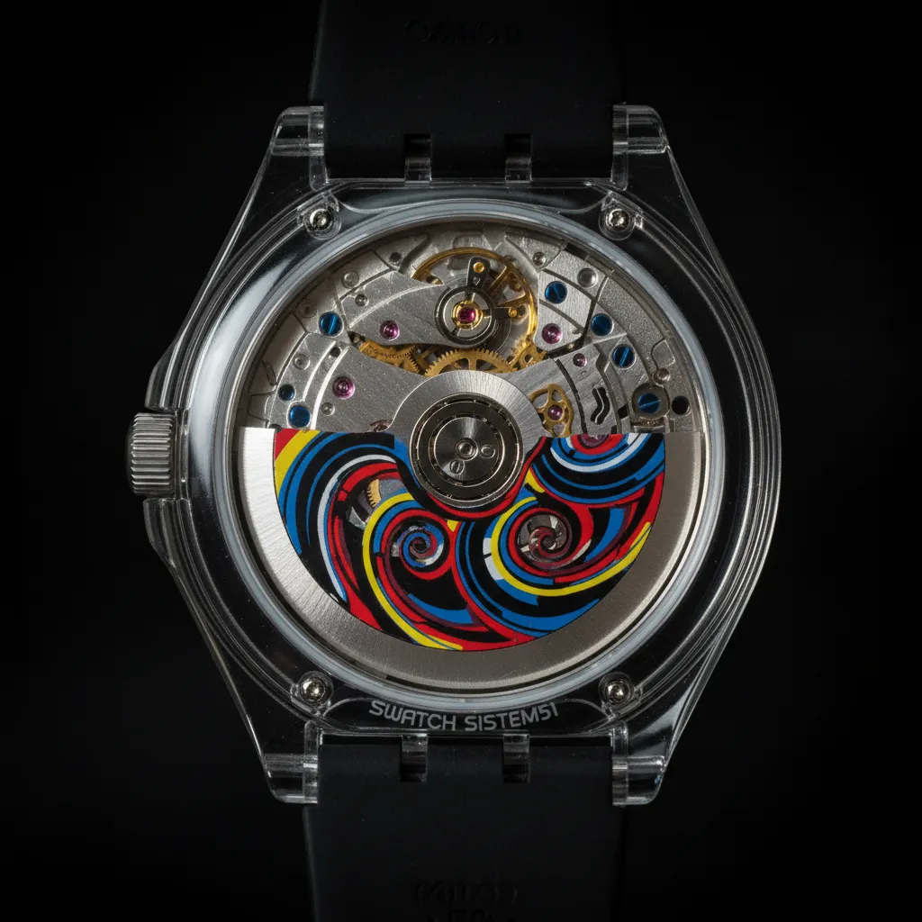 El fondo transparente del Sistem51 revela las 51 piezas del primer movimiento automático ensamblado íntegramente por robots