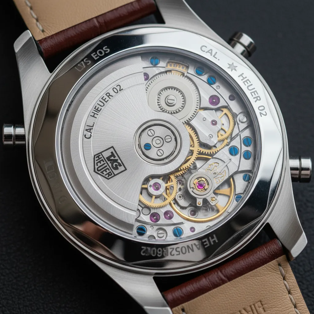 El calibre Heuer 02 visto a través del fondo de zafiro: rueda de pilares y acabados Côtes de Genève