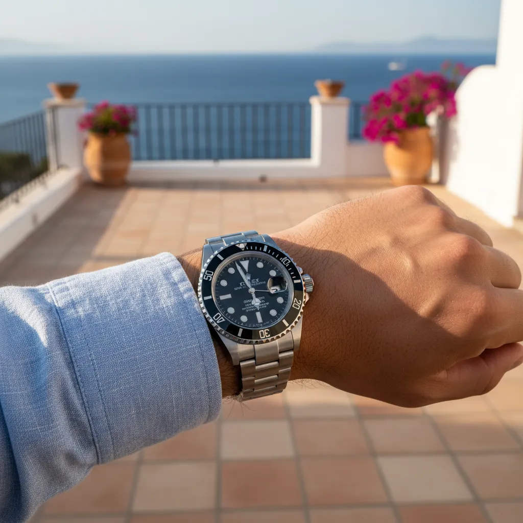 El Submariner Date con lupa Cyclops en la muñeca: 41 mm de diámetro que se adaptan tanto al traje como a la camiseta