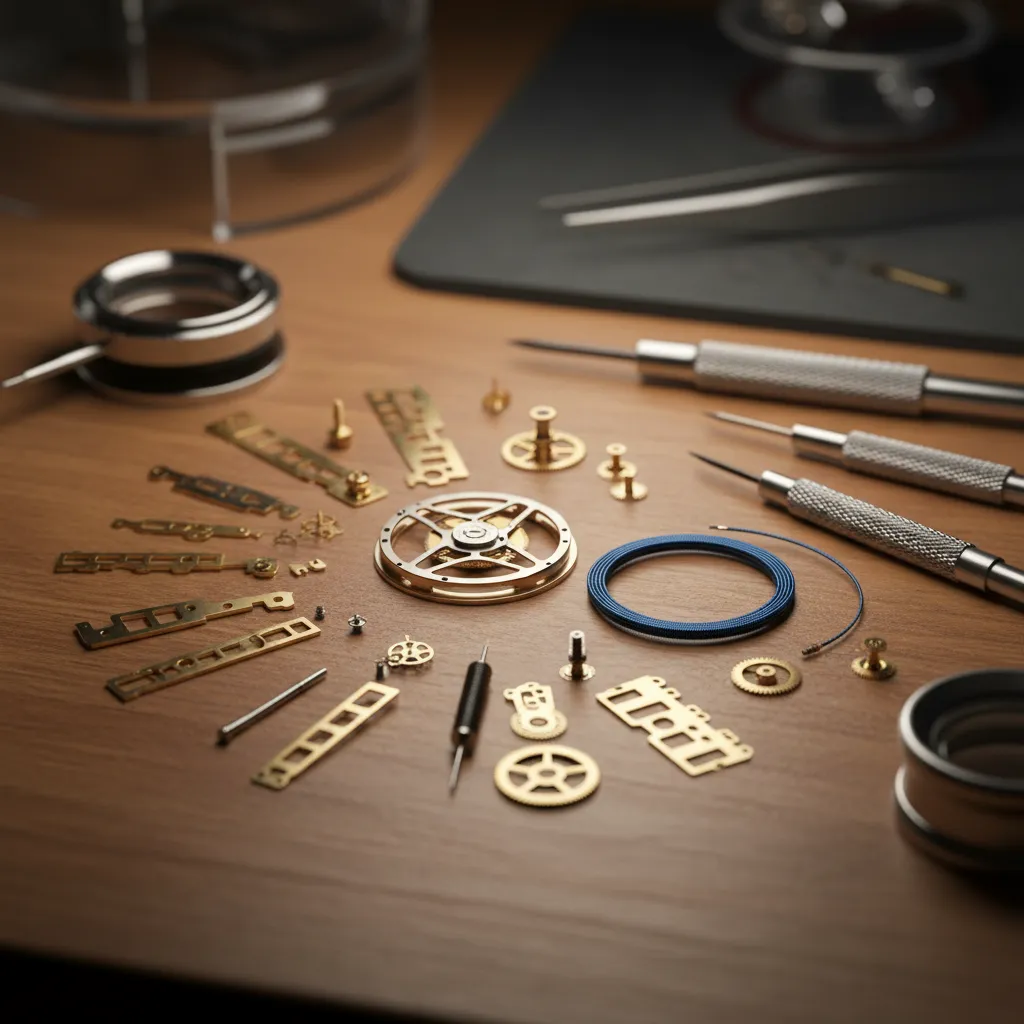 El calibre 3230 desmontado revela el escape Chronergy y el espiral Parachrom, responsables de las 70 horas de reserva de marcha