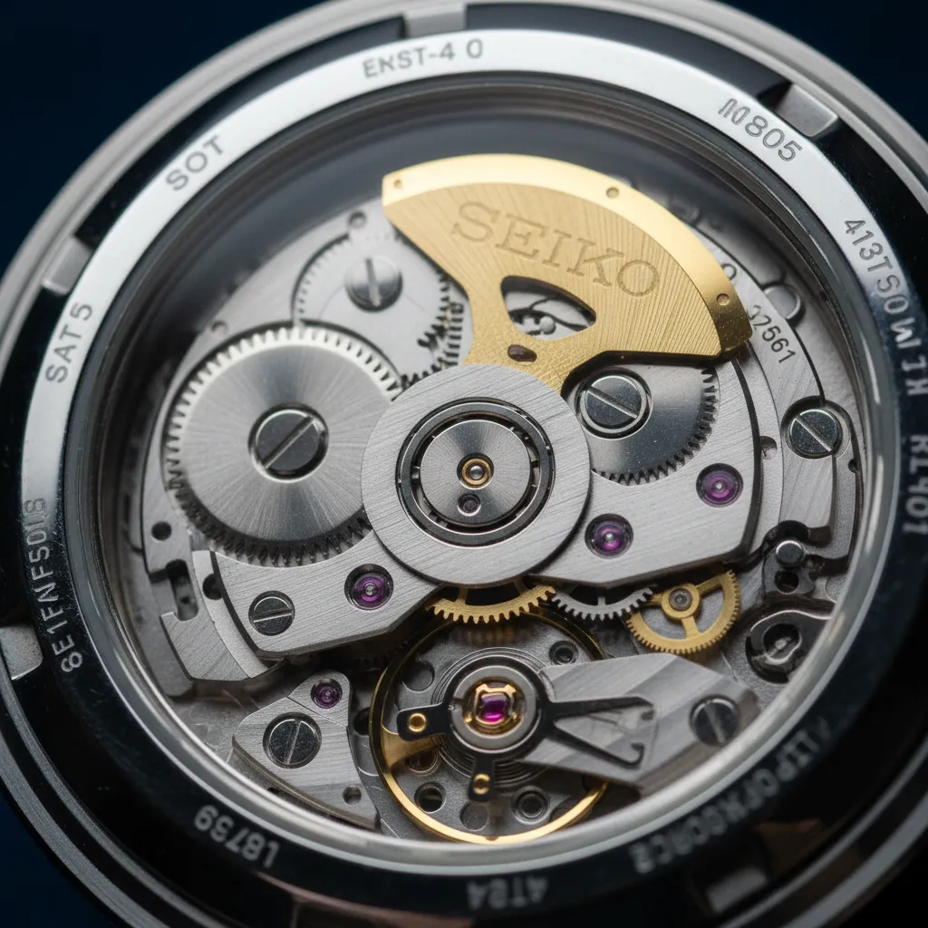 El calibre 4R36 visible a través del fondo de exhibición: 24 rubíes y 41 horas de reserva de marcha en un movimiento fabricado por Seiko