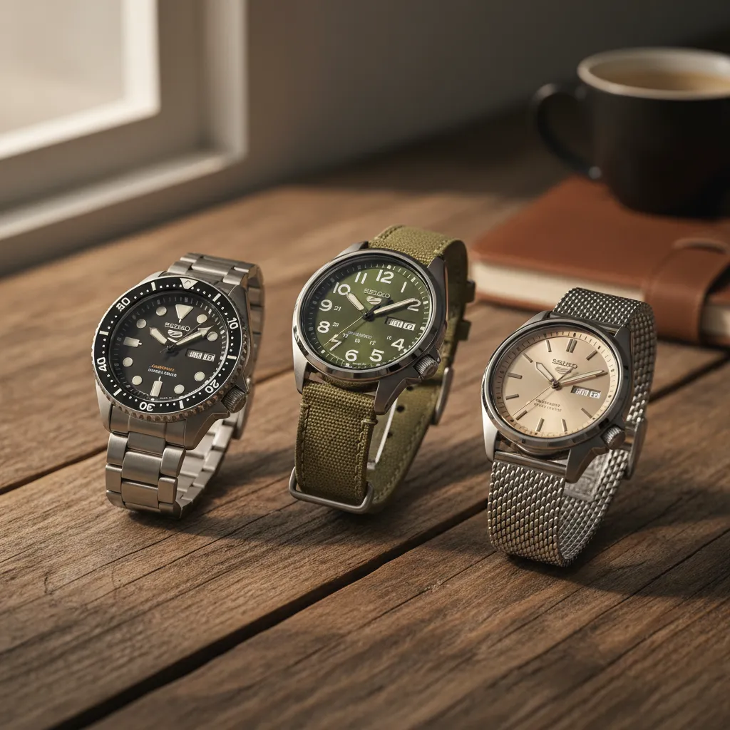 Tres estilos del Seiko 5 Sports: diver, field watch y vestir, cada uno con su personalidad y todos por debajo de 300 euros
