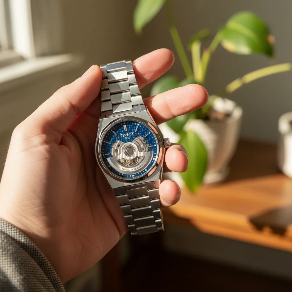 El fondo de caja transparente del Powermatic 80 deja ver el calibre automático con rotor decorado y 80 horas de reserva de marcha