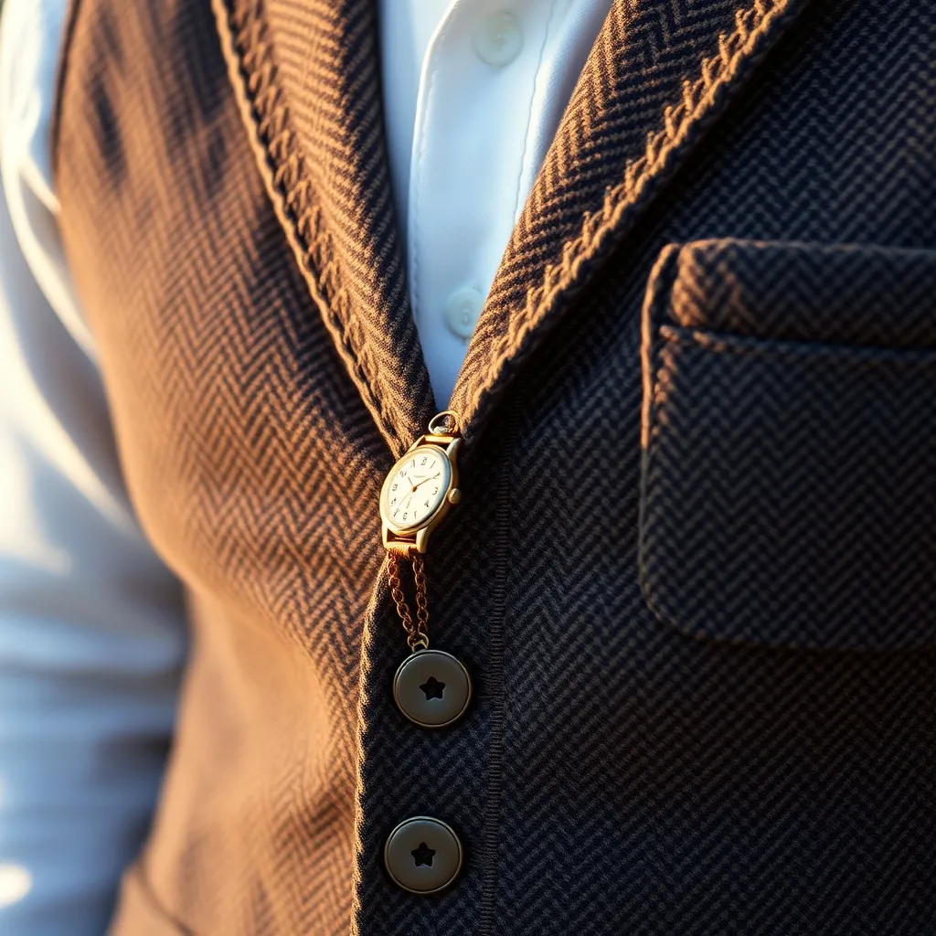 Un chaleco de tweed con bolsillos de vivo profundos es la opción ideal para el estilo rústico con reloj de bolsillo