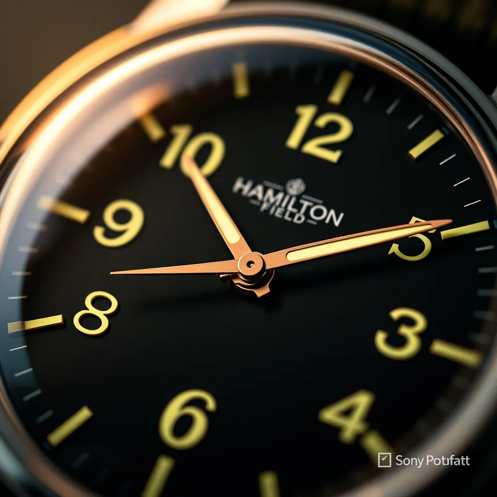 Detalle de la esfera del Khaki Field: numeración arábiga completa y agujas de catedral con Super-LumiNova generoso