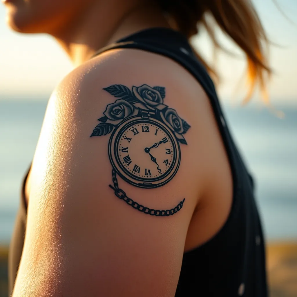 El estilo neotradicional combina el reloj de bolsillo con rosas y cadenas de trazo grueso y colores vivos