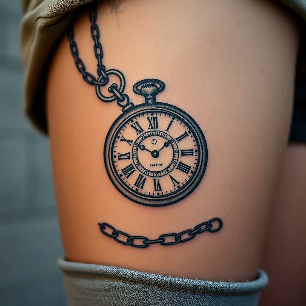 El estilo grabado victoriano en un tatuaje de reloj de bolsillo cicatrizado muestra cómo las líneas bien ejecutadas mantienen su definición con el tiempo