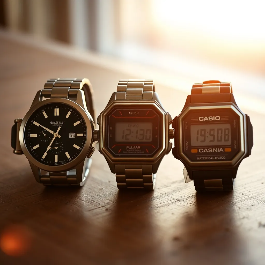 Los tres pioneros del reloj digital: Hamilton Pulsar (1972), Seiko 06LC (1973) y Casio Casiotron (1974), cada uno representando un avance tecnológico decisivo