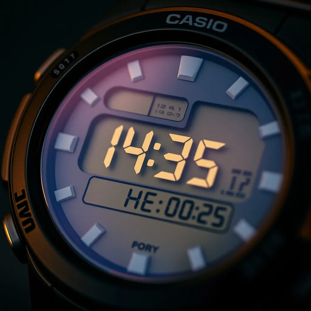 Pantalla LCD de un Casio clásico mostrando la hora en formato de 24 horas con fecha integrada