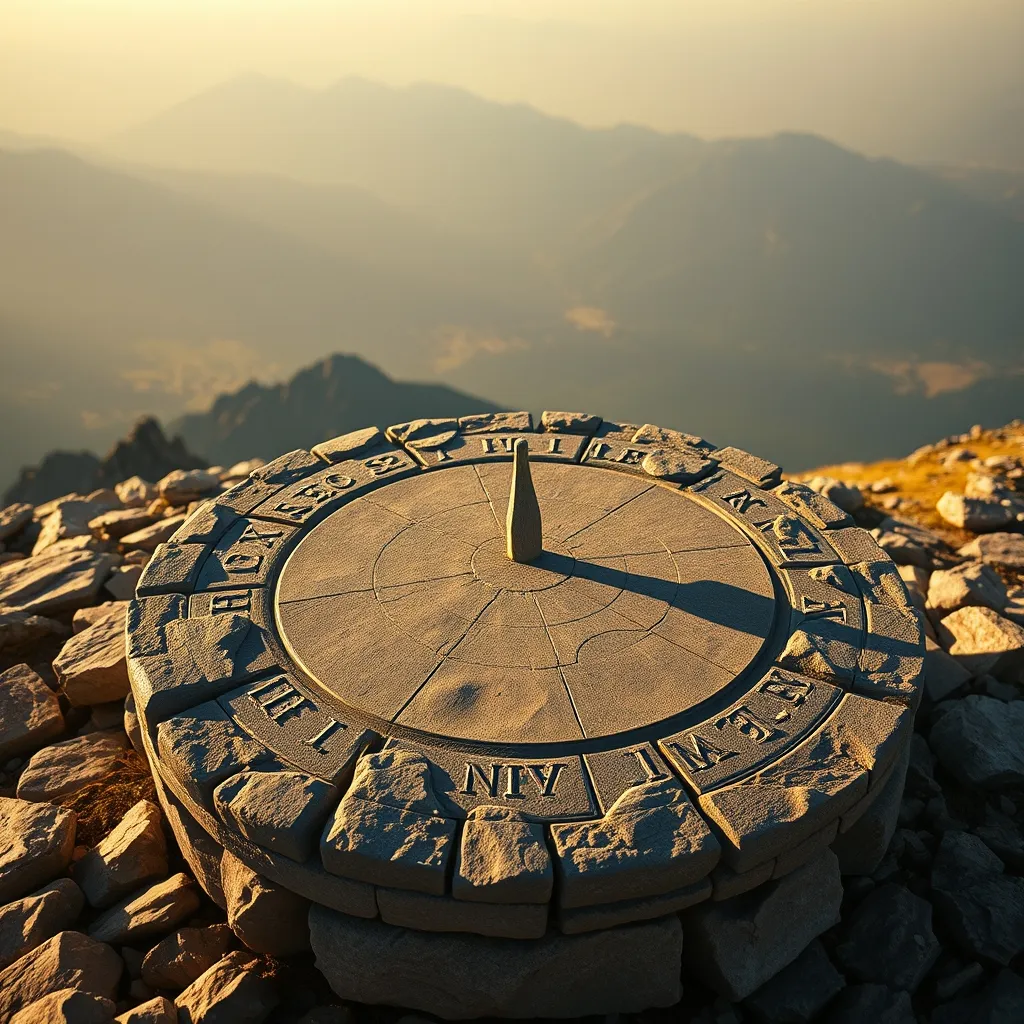Detalle de la plataforma circular del reloj solar con las marcas horarias visibles al mediodía, cuando la sombra del gnomon alcanza su máxima precisión