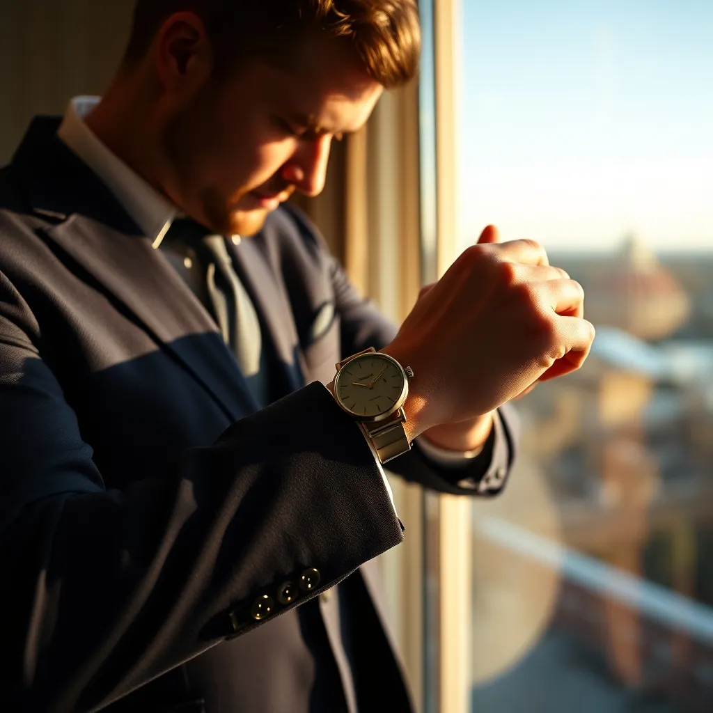Un reloj clásico de acero con esfera azul complementa a la perfección un traje de chaqueta