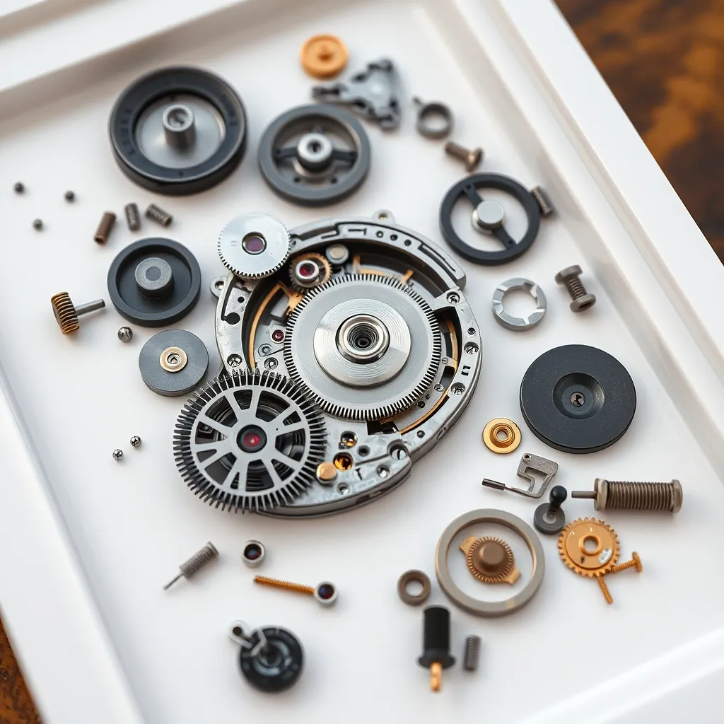 Un calibre mecánico desmontado pieza a pieza antes de la limpieza por ultrasonidos y el reengrase completo