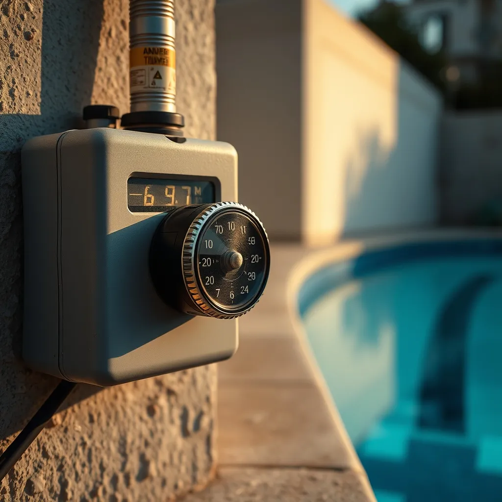 Temporizador analógico instalado en el cuadro estanco de una depuradora de piscina, listo para programar los ciclos de filtrado