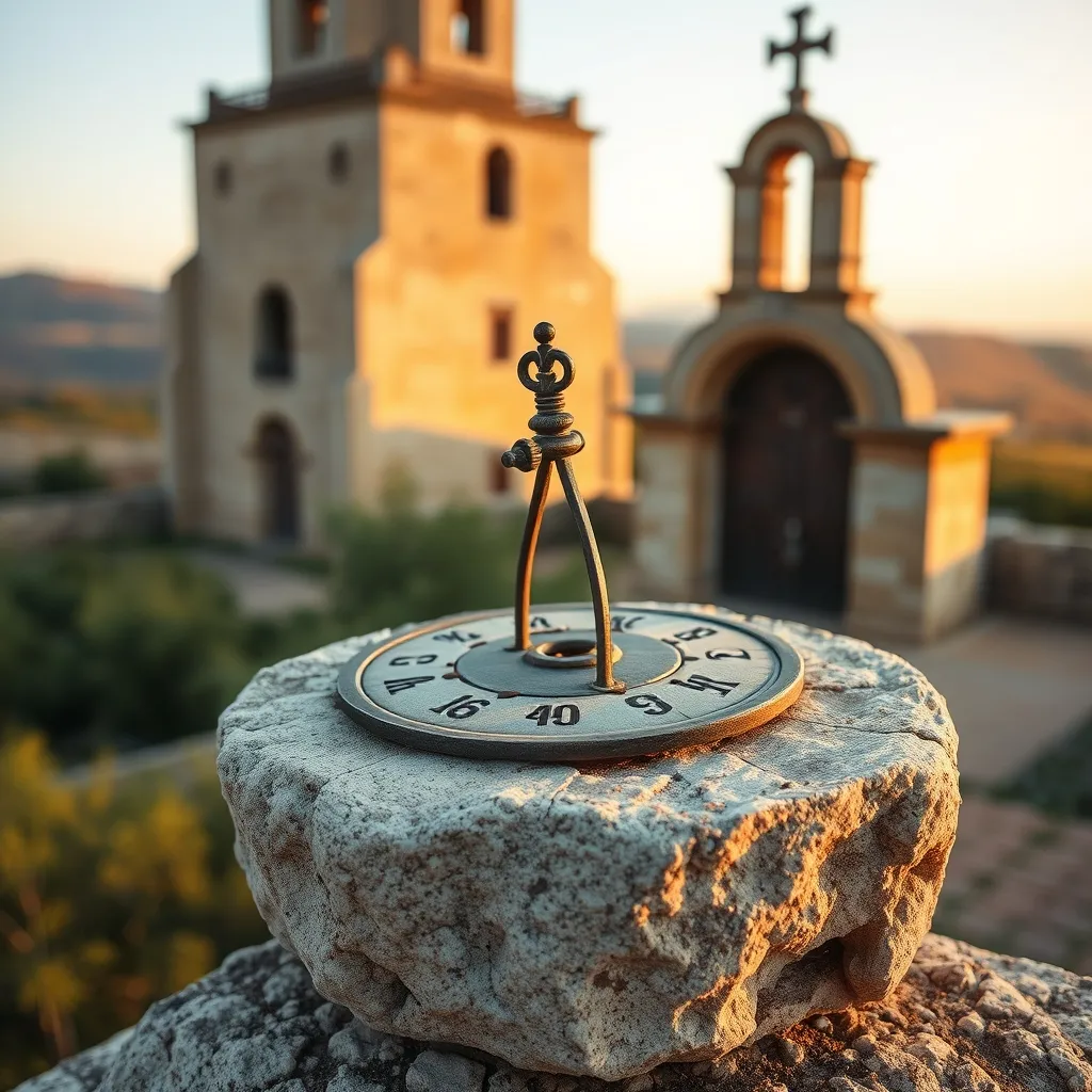 Gnomon de hierro forjado en un cuadrante vertical de iglesia románica: la relojería solar en su forma más pura
