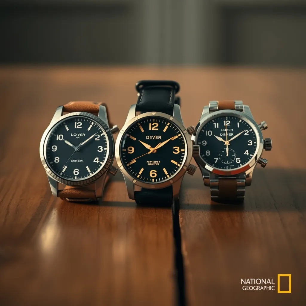Tres estilos de reloj analógico: vestir, buceo y campo, cada uno adaptado a un uso y contexto distintos