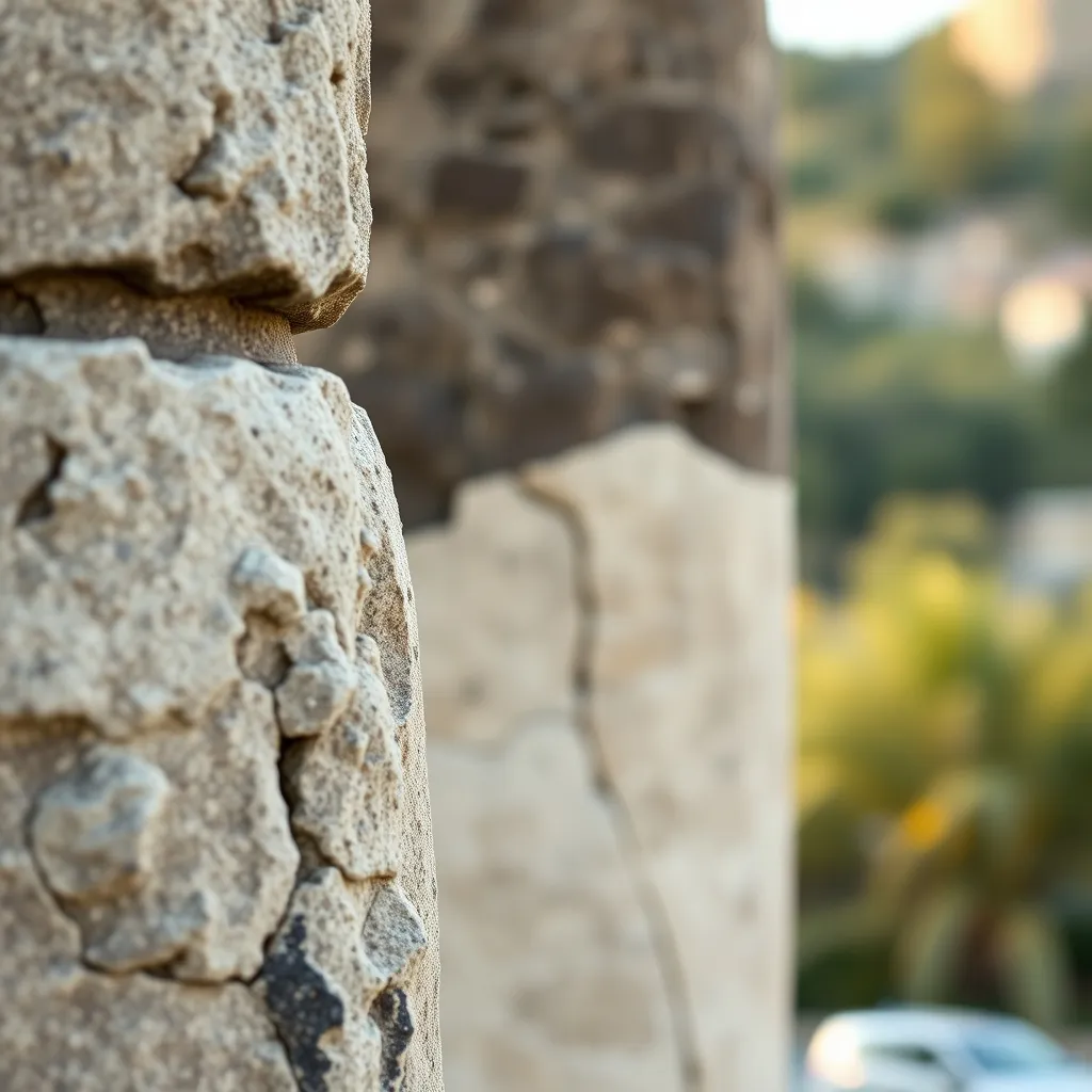 Detalle de la textura del basalto volcánico utilizado en las columnas del monumento, traído expresamente para la obra