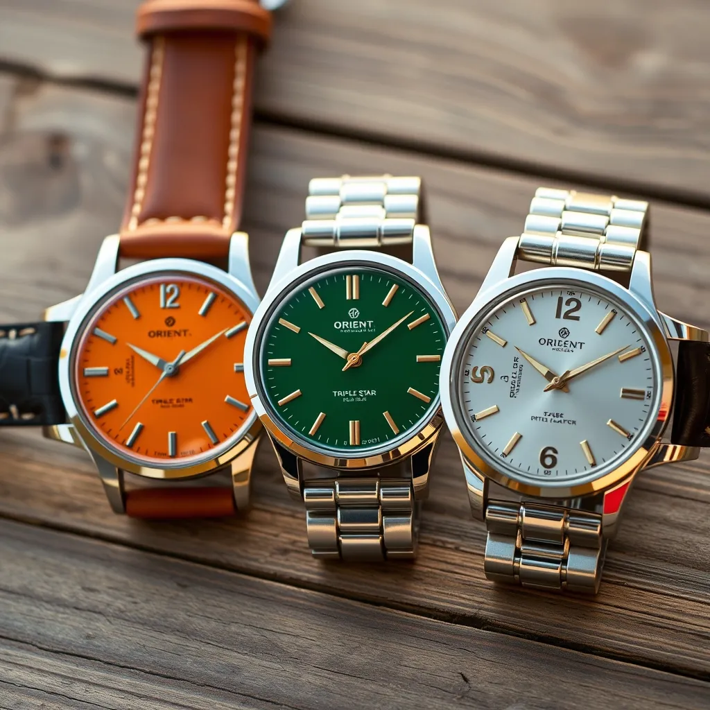 Tres Orient Triple Star de los años 70 con esferas en naranja, verde y plata: la variedad cromática es uno de los grandes atractivos del catálogo vintage