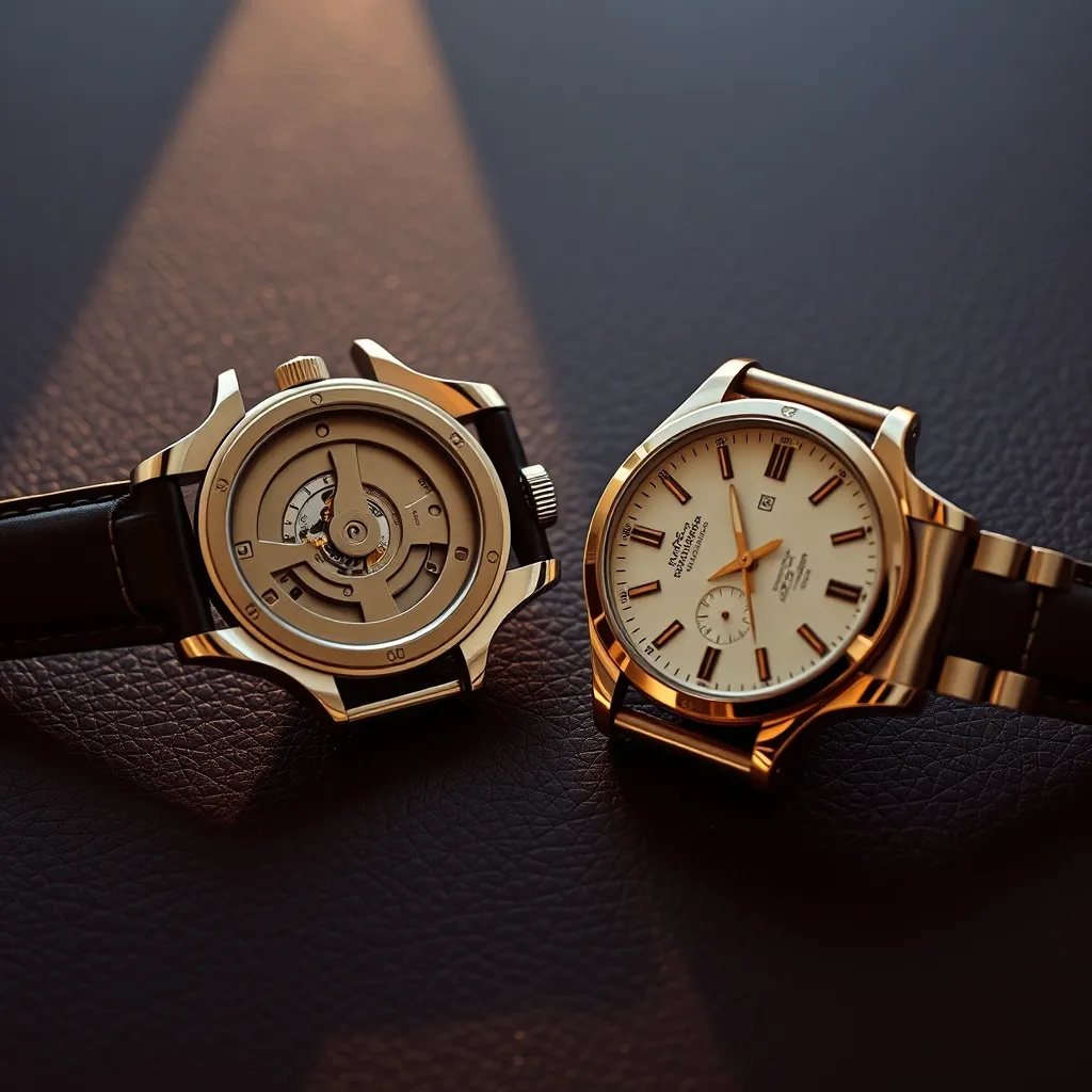Dos relojes del mismo segmento: el fondo abierto revela un calibre propio con acabados Côtes de Genève frente a un movimiento genérico funcional