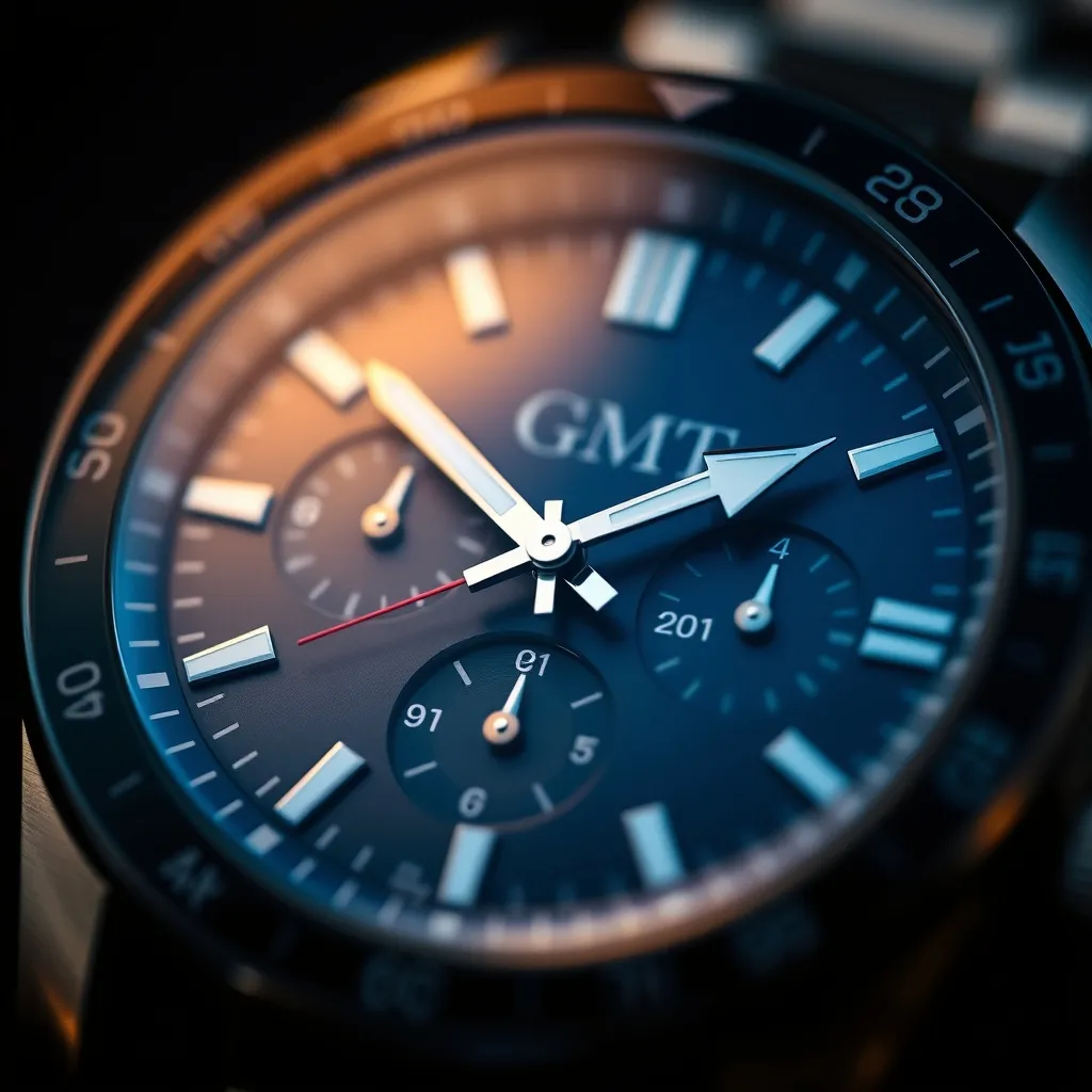 La aguja GMT, con su punta en flecha, completa una vuelta cada 24 horas sobre el bisel graduado